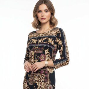 Chic CACHE Medallion Leopard Greek Key Print Sheath Dress Size 12/L